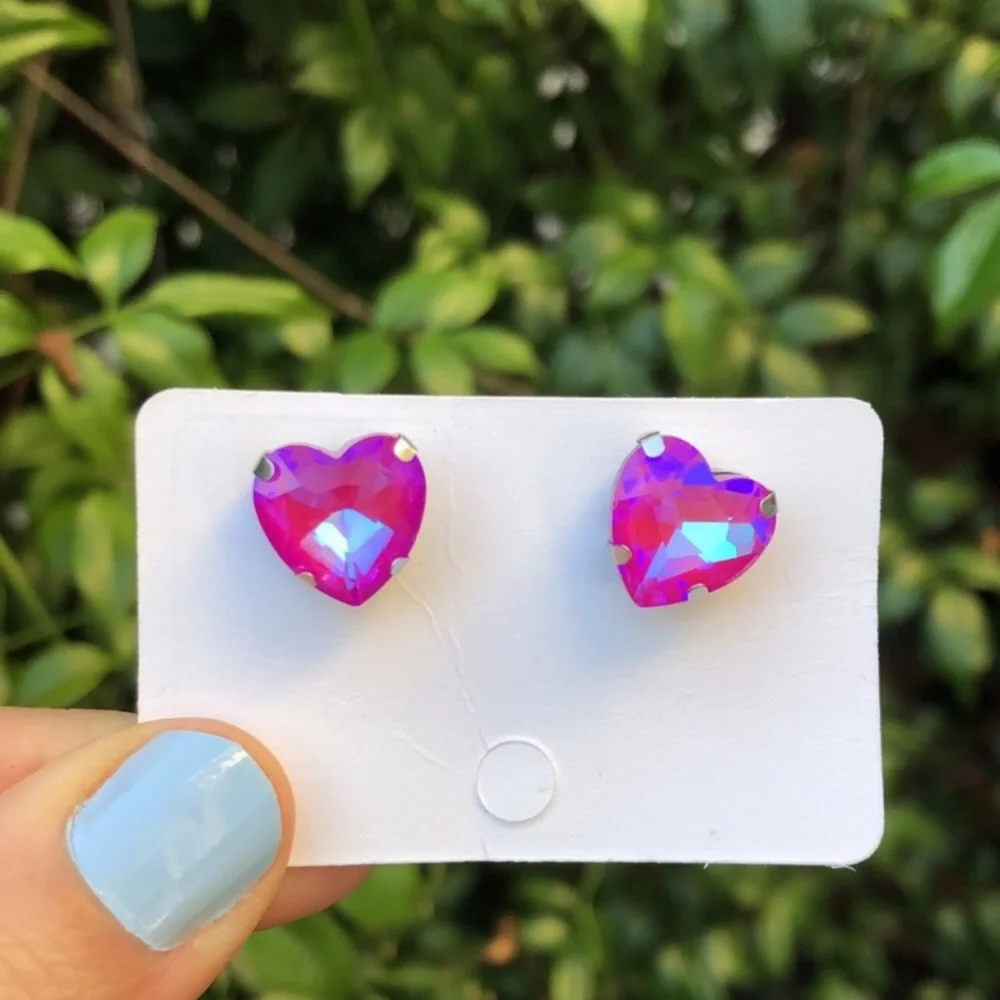 Hot Pink AB Crystal Heart Earrings